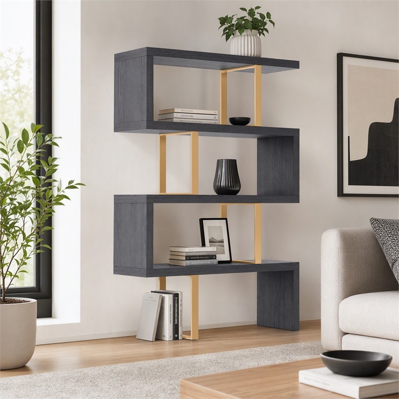 Pemberly Row Modern Elm Veneer Bookcase with Stainless Steel Supports