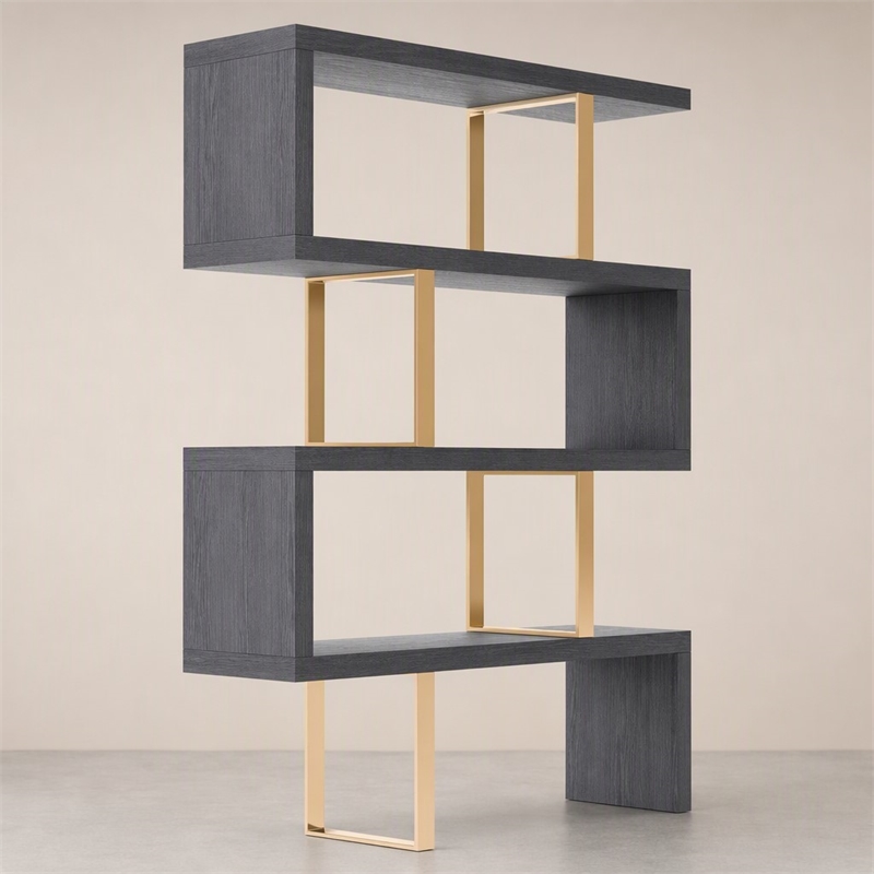 Pemberly Row Modern Elm Veneer Bookcase with Stainless Steel Supports
