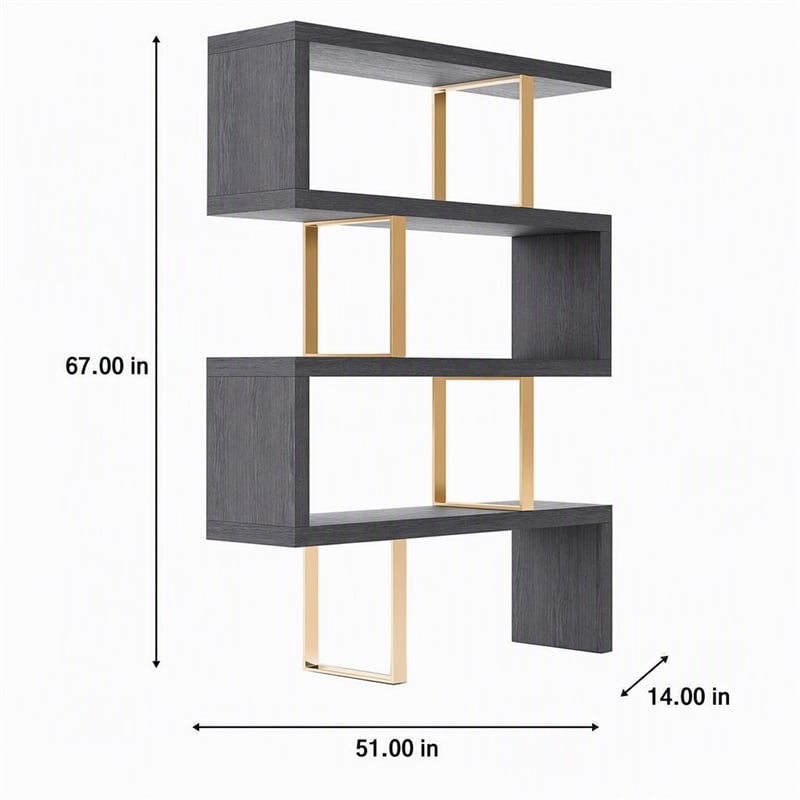 Pemberly Row Modern Elm Veneer Bookcase with Stainless Steel Supports