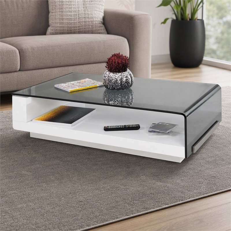 Pemberly Row Modern Tempered Glass & High Gloss Coffee Table in White