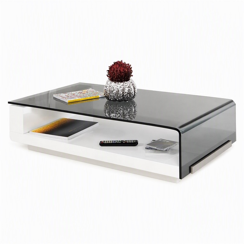Pemberly Row Modern Tempered Glass & High Gloss Coffee Table in White