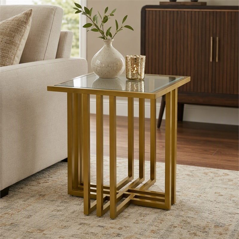 Pemberly Row Square Glass and Gold Stainless Steel End Table