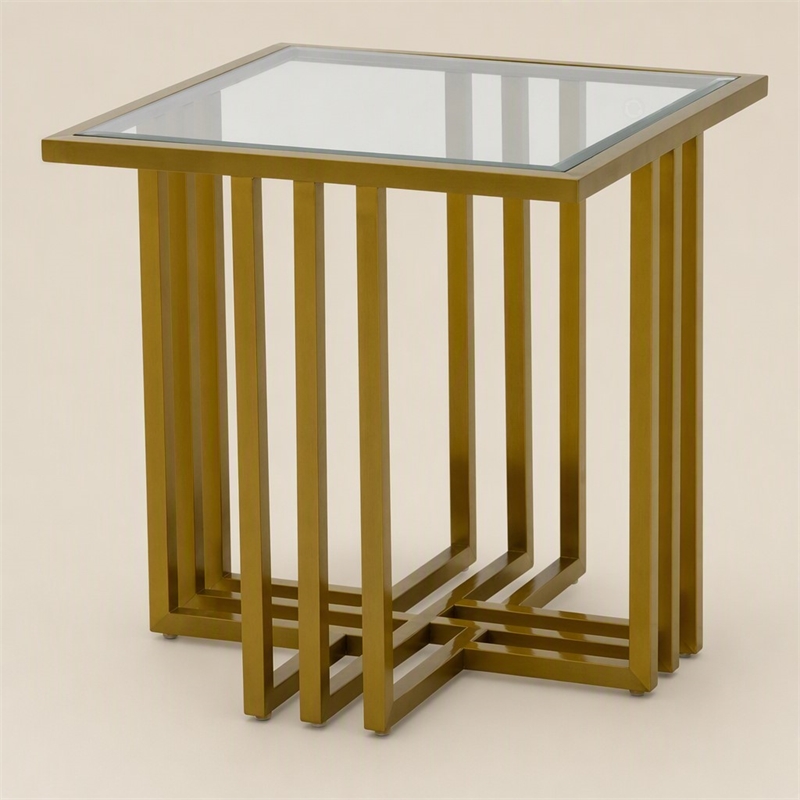 Pemberly Row Square Glass and Gold Stainless Steel End Table