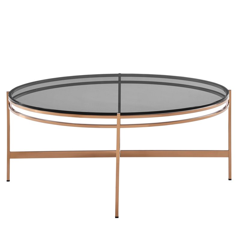 Pemberly Row Round Coffee Table in Clear Glass & Rose Gold Finish