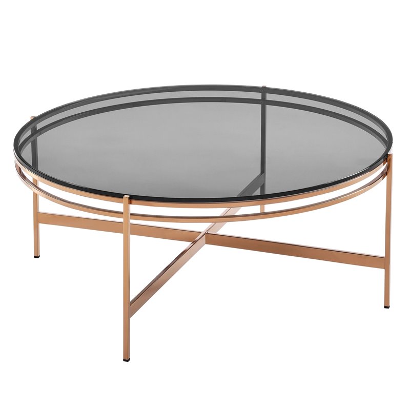 Pemberly Row Round Coffee Table in Clear Glass & Rose Gold Finish