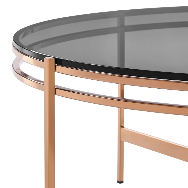 Pemberly Row Round Coffee Table in Clear Glass & Rose Gold Finish