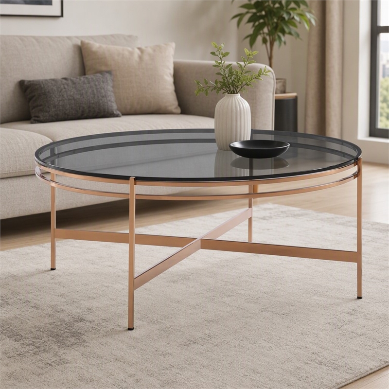 Pemberly Row Round Coffee Table in Clear Glass & Rose Gold Finish