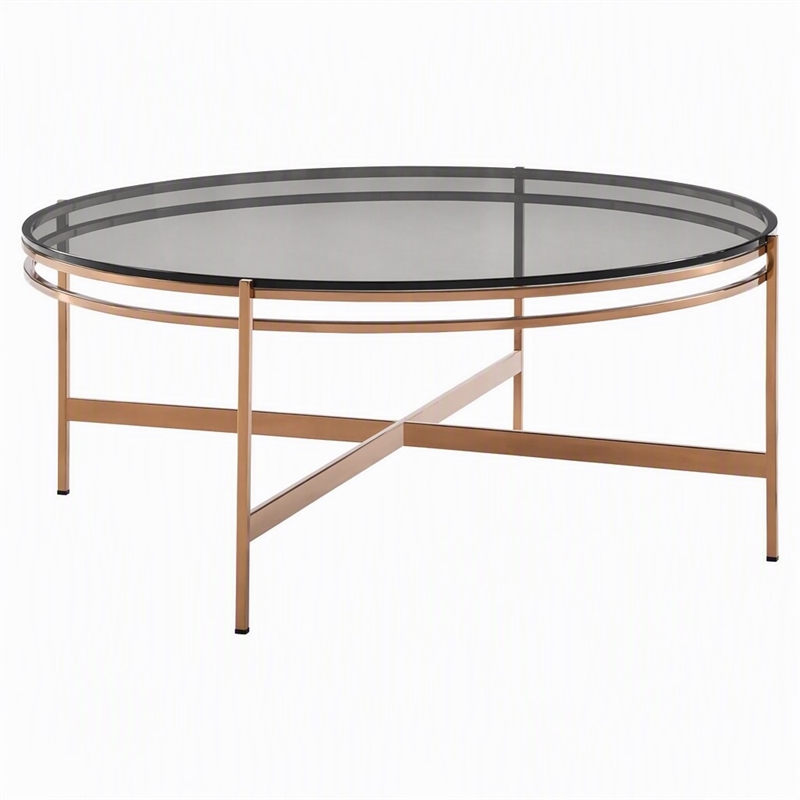 Pemberly Row Round Coffee Table in Clear Glass & Rose Gold Finish