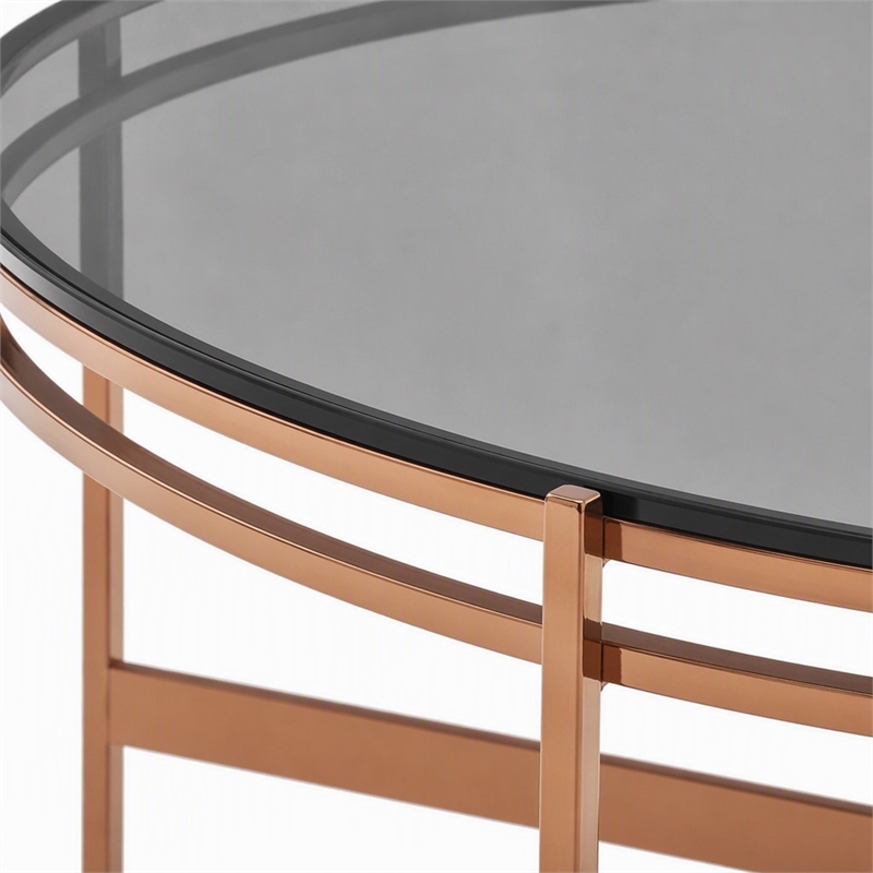 Pemberly Row Round Coffee Table in Clear Glass & Rose Gold Finish