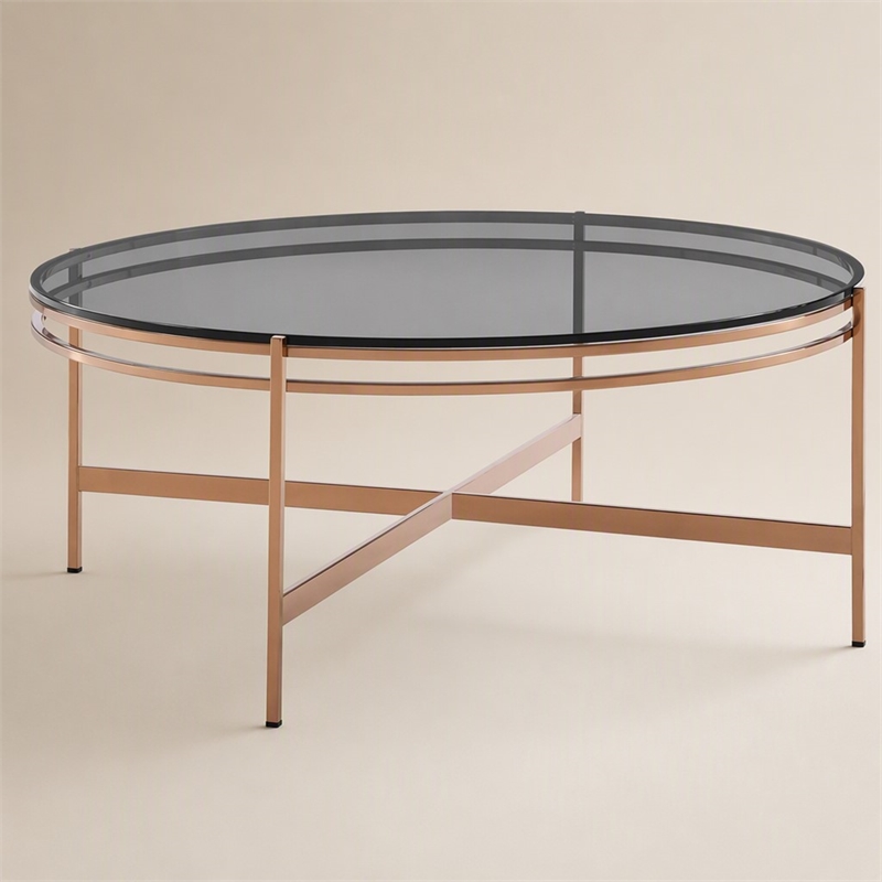 Pemberly Row Round Coffee Table in Clear Glass & Rose Gold Finish