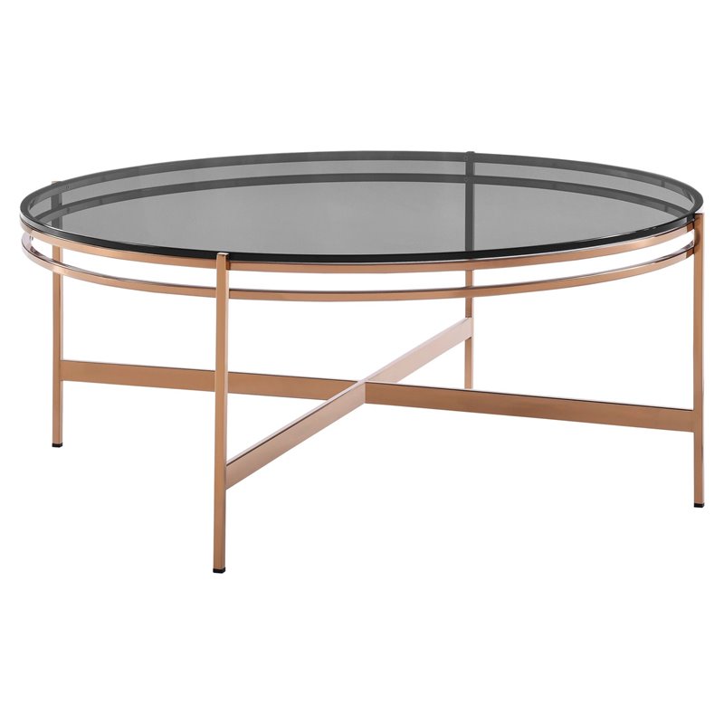 Pemberly Row Round Coffee Table in Clear Glass & Rose Gold Finish