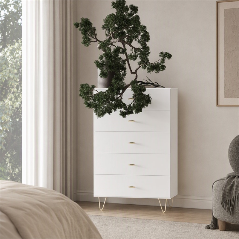 Pemberly Row MDF Wood & Metal 5-Drawer Bedroom Chest in White & Gold