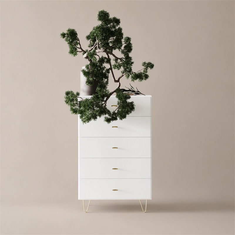 Pemberly Row MDF Wood & Metal 5-Drawer Bedroom Chest in White & Gold