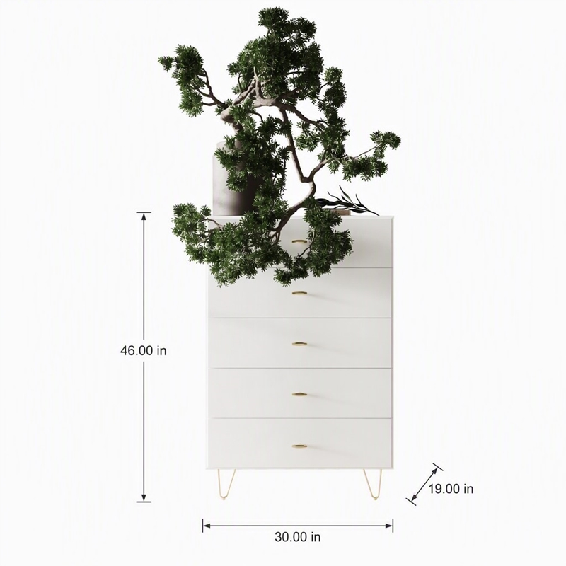 Pemberly Row MDF Wood & Metal 5-Drawer Bedroom Chest in White & Gold