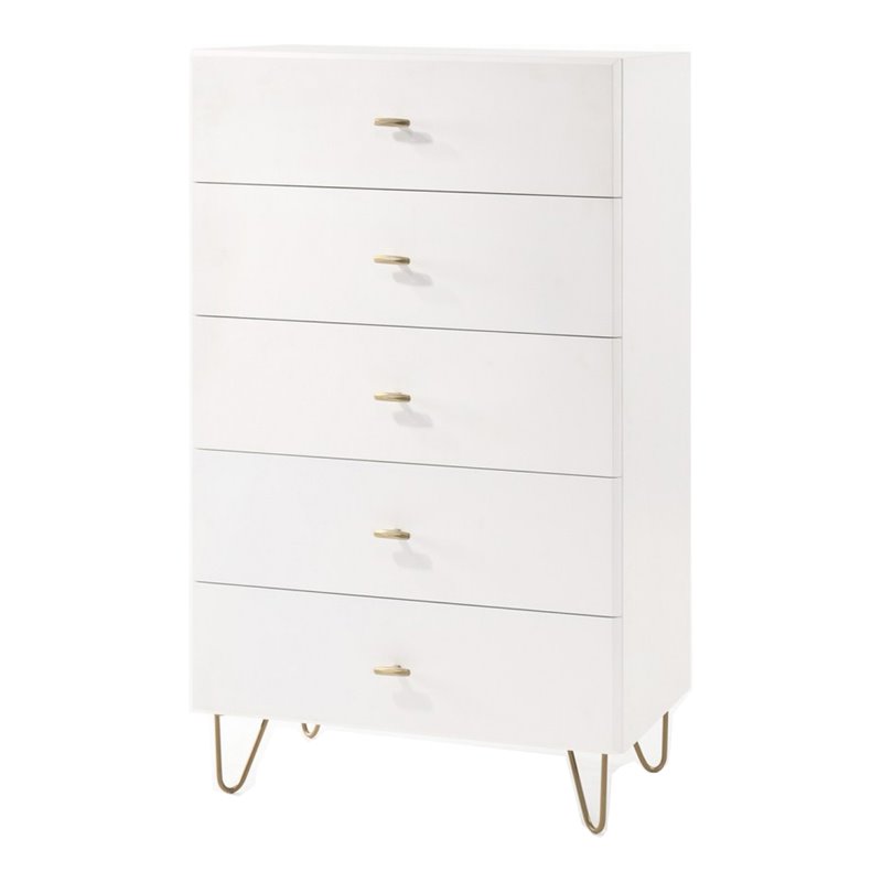 Pemberly Row MDF Wood & Metal 5-Drawer Bedroom Chest in White & Gold