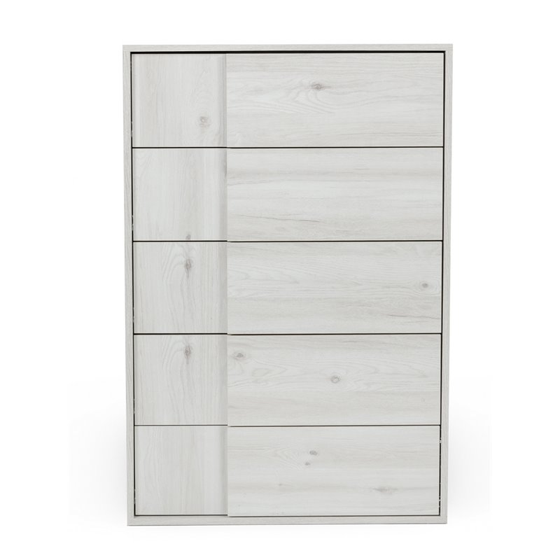 Pemberly Row Modern 5-Drawer Oak Wood Chest in White Washed Finish