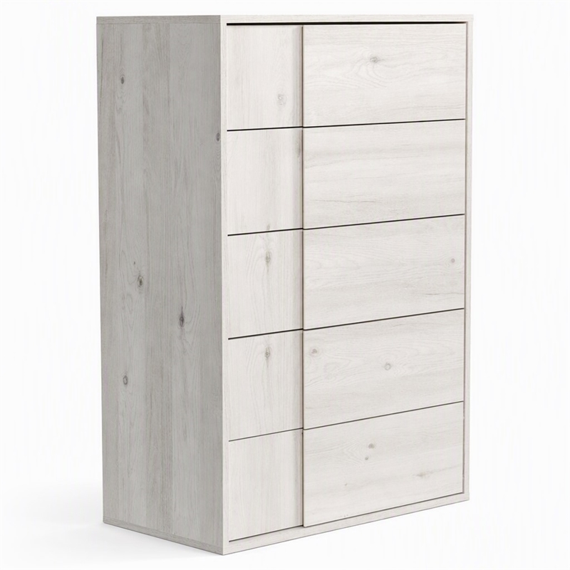 Pemberly Row Modern 5-Drawer Oak Wood Chest in White Washed Finish
