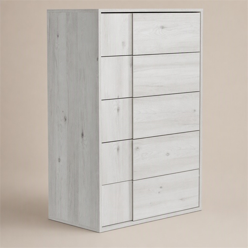 Pemberly Row Modern 5-Drawer Oak Wood Chest in White Washed Finish