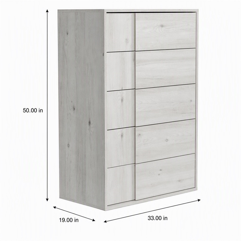 Pemberly Row Modern 5-Drawer Oak Wood Chest in White Washed Finish