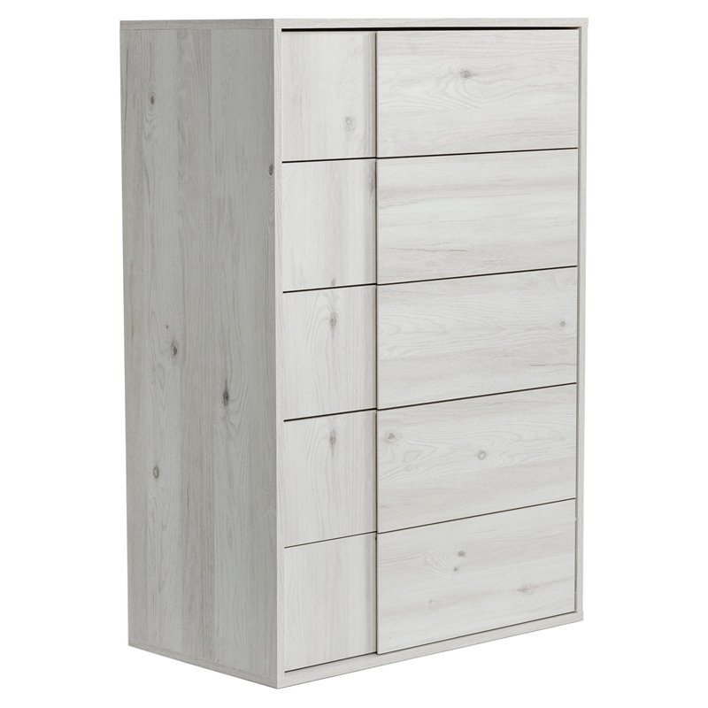 Pemberly Row Modern 5-Drawer Oak Wood Chest in White Washed Finish