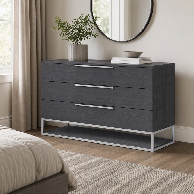 Pemberly Row Elm Veneer Wood and Steel Dresser in Gray with 3 Drawers
