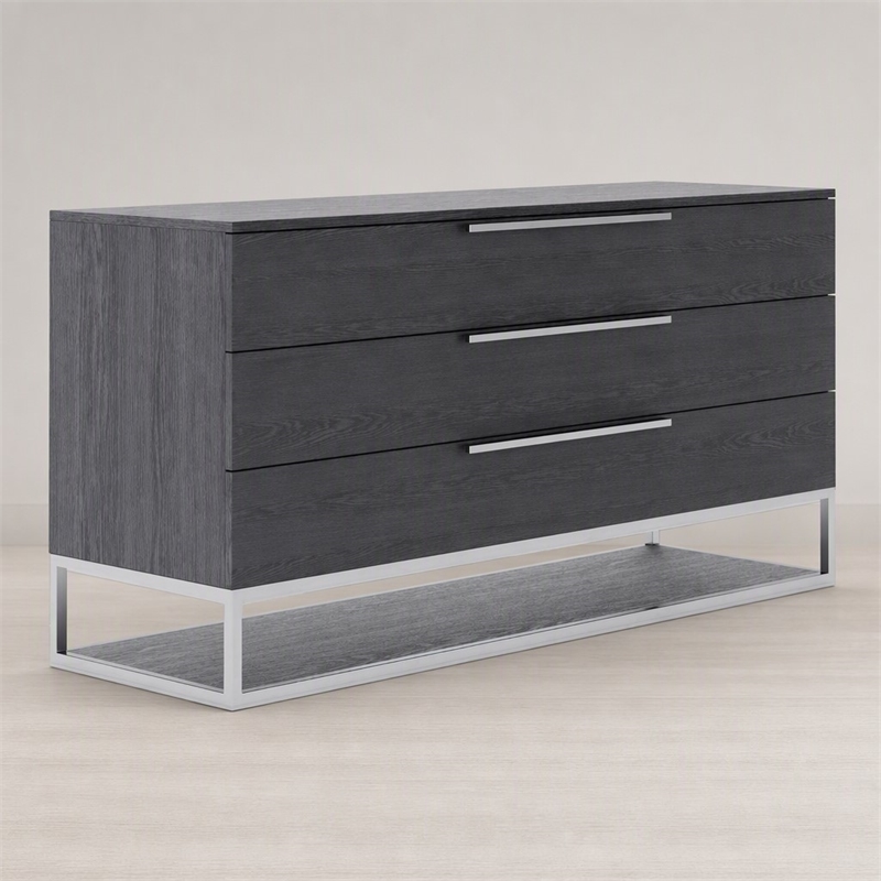 Pemberly Row Elm Veneer Wood and Steel Dresser in Gray with 3 Drawers