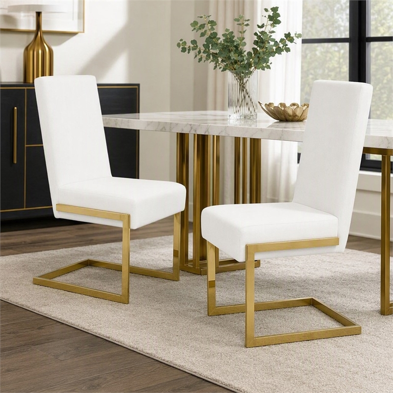Pemberly Row Faux Leather Dining Chairs in White with Gold Base (Set of 2)