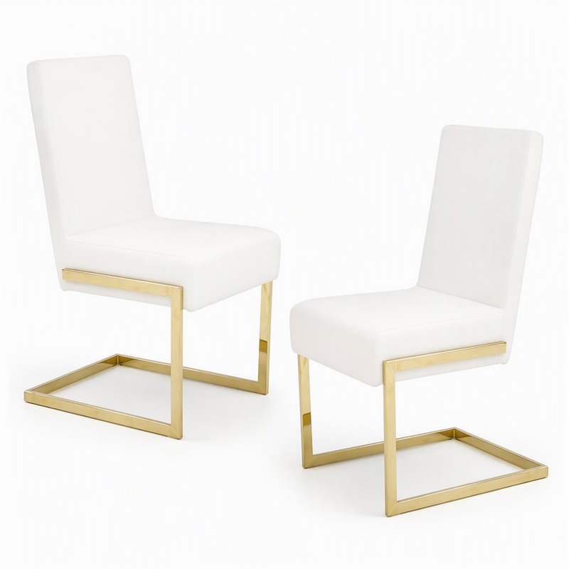 Pemberly Row Faux Leather Dining Chairs in White with Gold Base (Set of 2)
