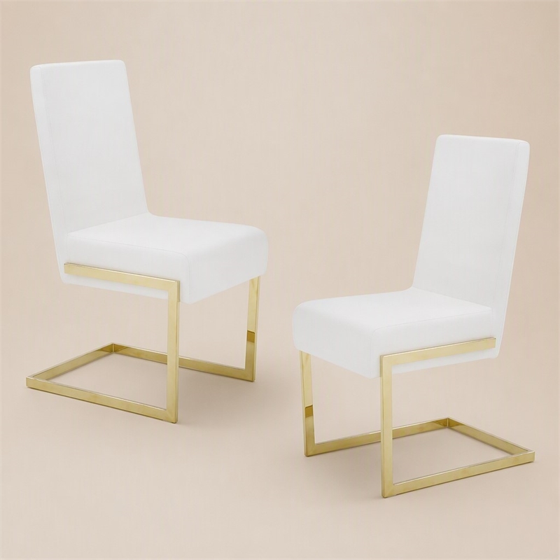 Pemberly Row Faux Leather Dining Chairs in White with Gold Base (Set of 2)