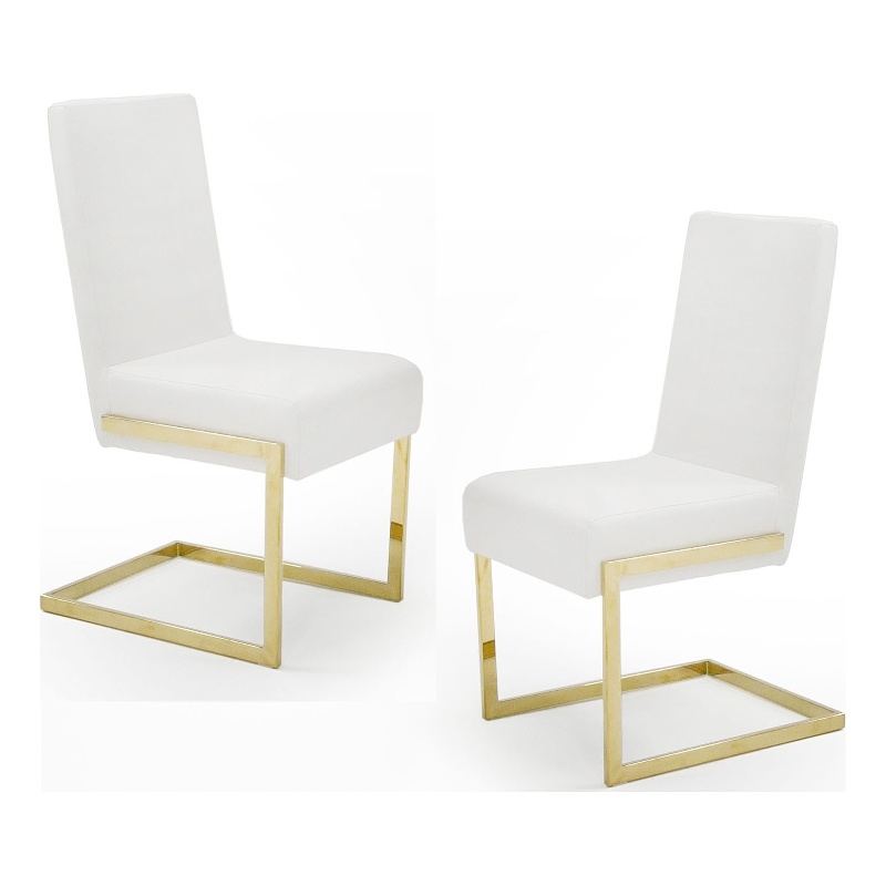 Pemberly Row Faux Leather Dining Chairs in White with Gold Base (Set of 2)