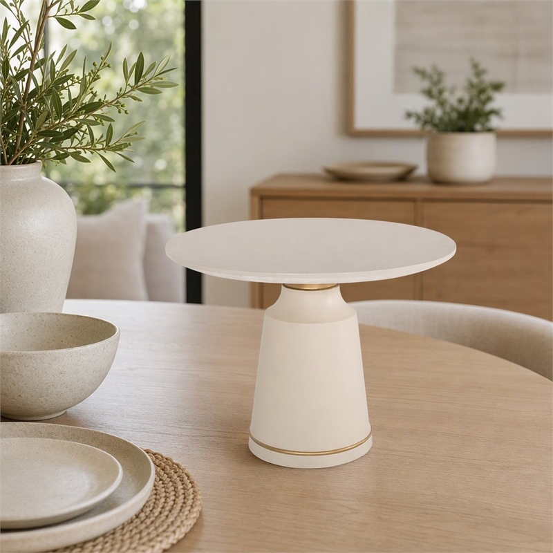 Pemberly Row Modern Round Marble Coffee Table in Off White with Brass Accents