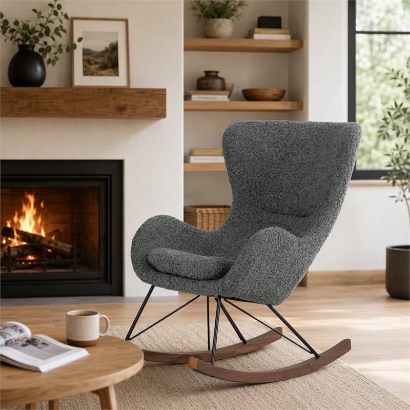 Pemberly Row Modern Fabric Rocking Chair with Walnut Rails in Gray