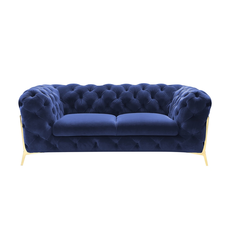 Pemberly Row Transitional Blue Velvet Upholstered Loveseat with Gold Legs