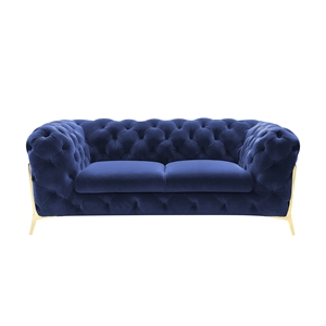 Pemberly Row Transitional Blue Velvet Upholstered Loveseat with Gold Legs
