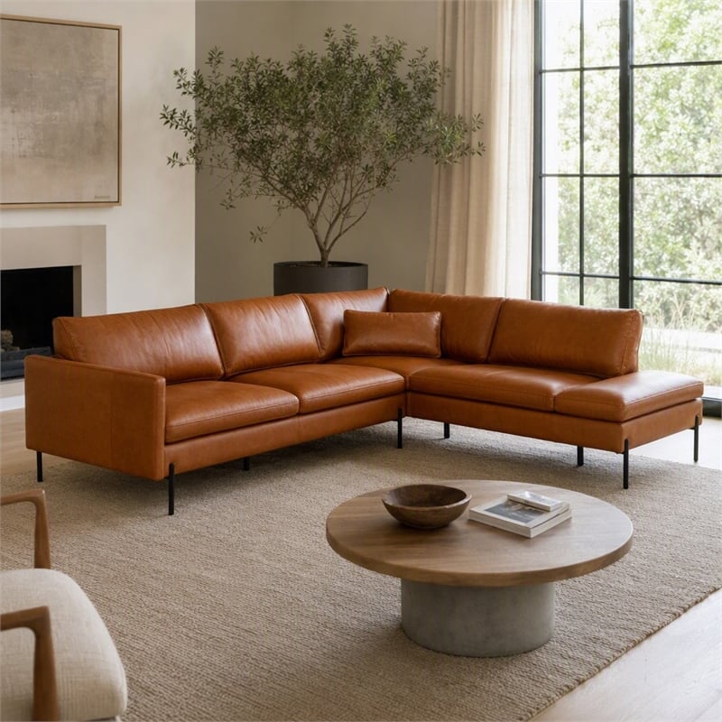 Pemberly Row Right Facing Cognac Leather Sectional Sofa with Chaise
