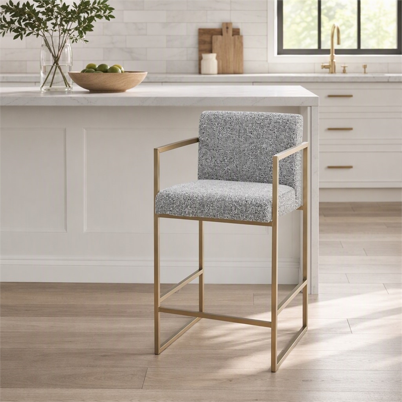 Pemberly Row Modern Counter Chair in Grey Fabric & Antique Brass