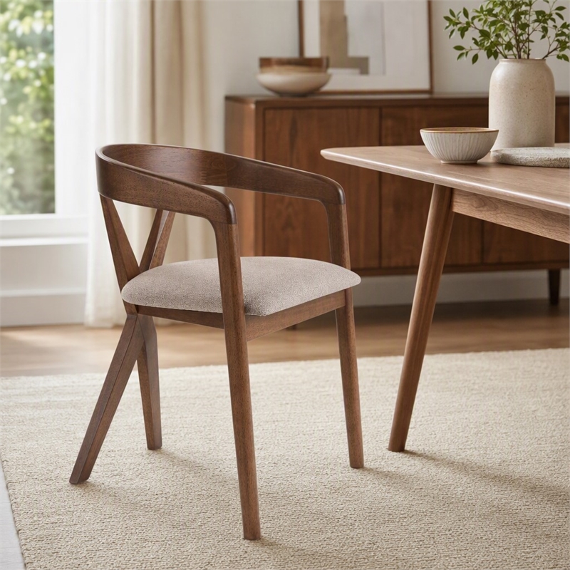 Pemberly Row Mid-Century Walnut Dining Chair with Light Brown Fabric