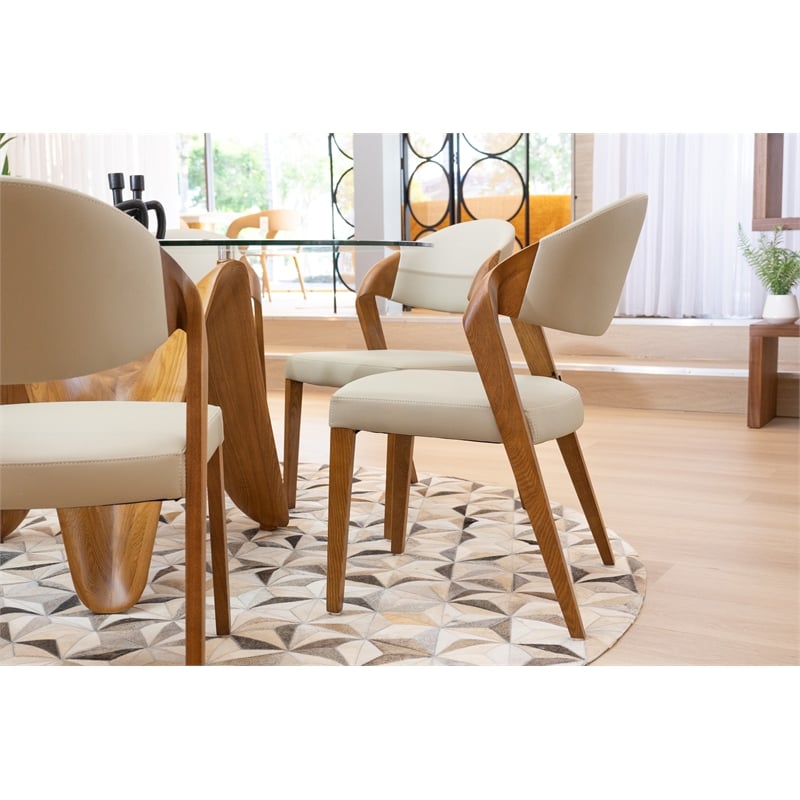 Pemberly Row Mid-Century Dining Chair Set in Beige Leatherette & Walnut