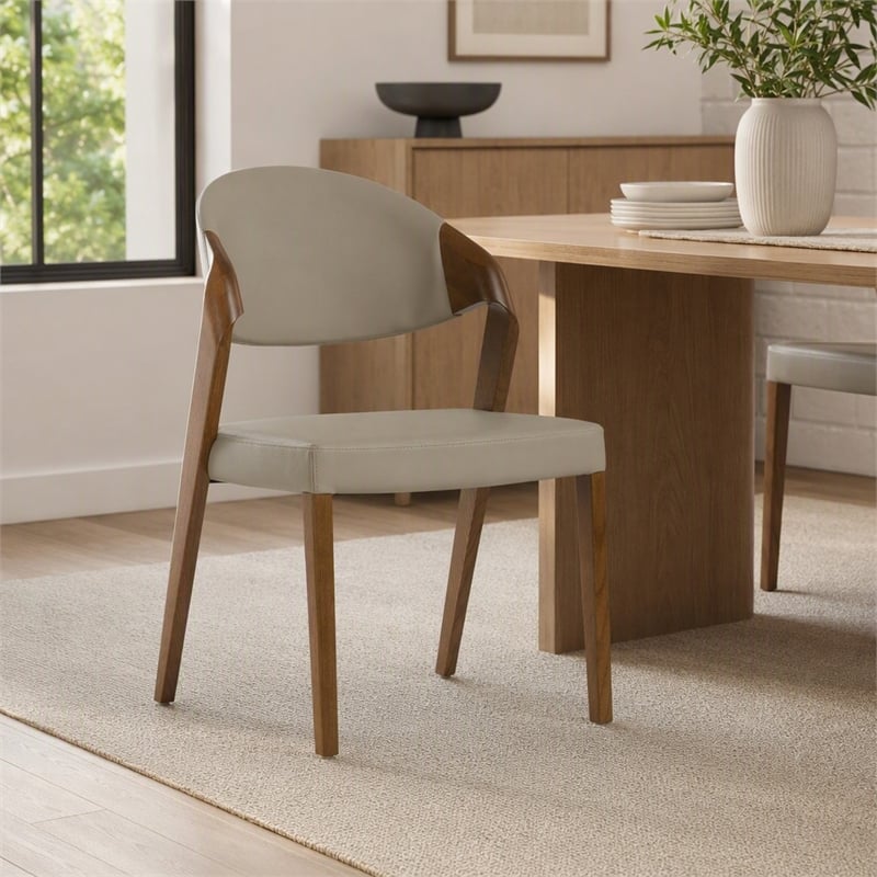 Pemberly Row Mid-Century Dining Chair Set in Beige Leatherette & Walnut