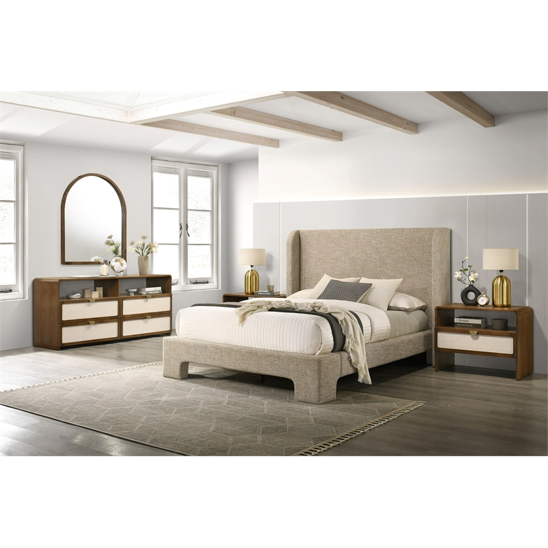 Pemberly Row Modern Burlap & Walnut Dresser with 4 Drawers