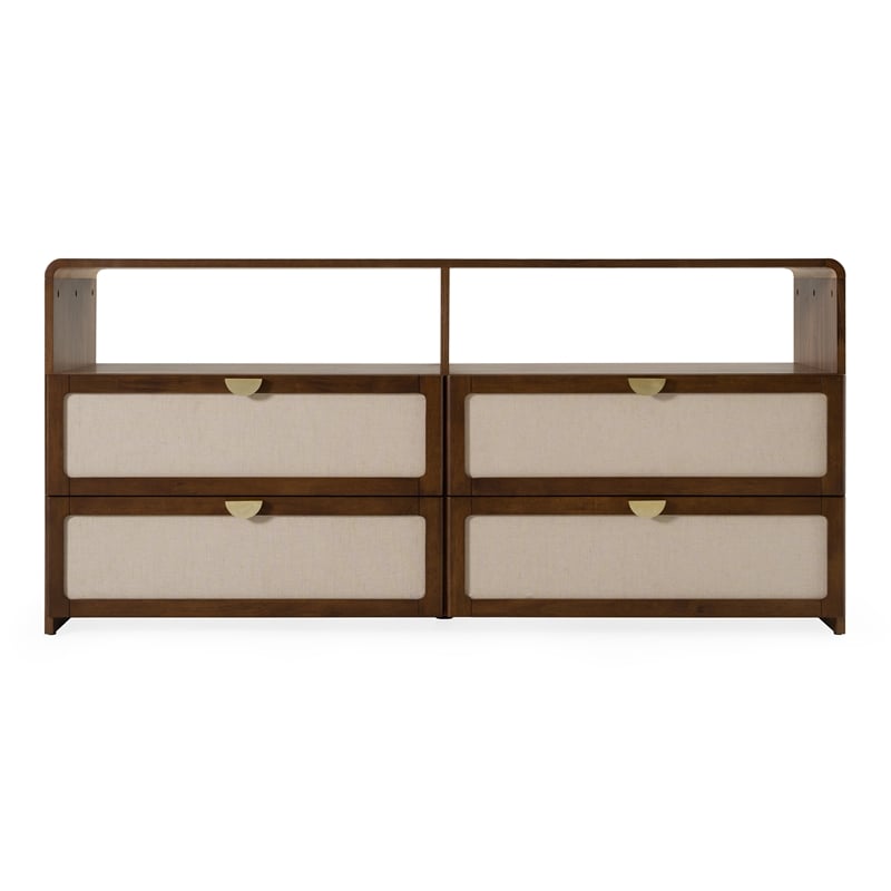 Pemberly Row Modern Burlap & Walnut Dresser with 4 Drawers