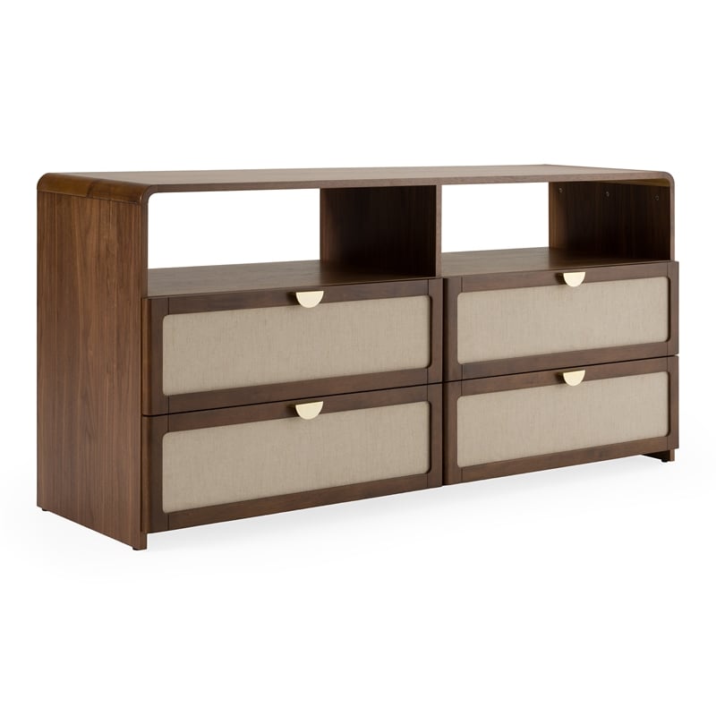 Pemberly Row Modern Burlap & Walnut Dresser with 4 Drawers