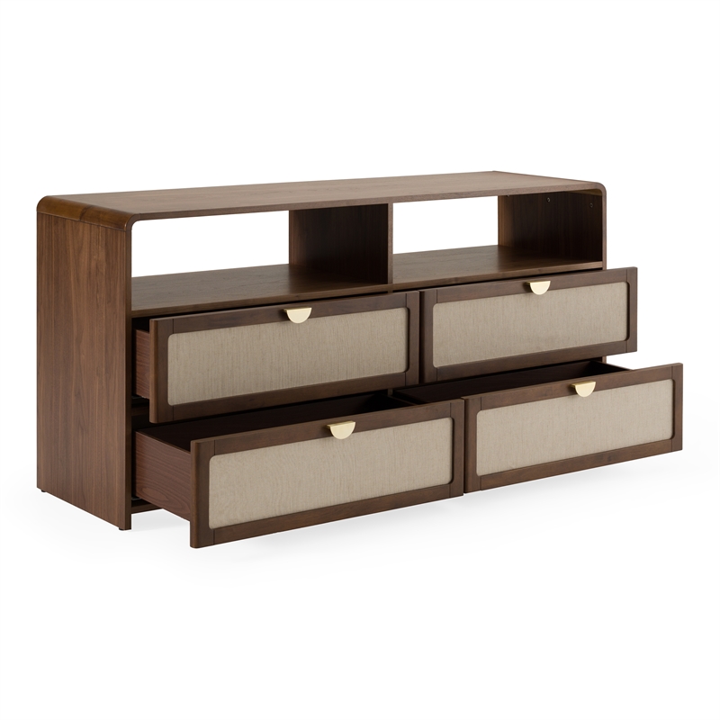 Pemberly Row Modern Burlap & Walnut Dresser with 4 Drawers