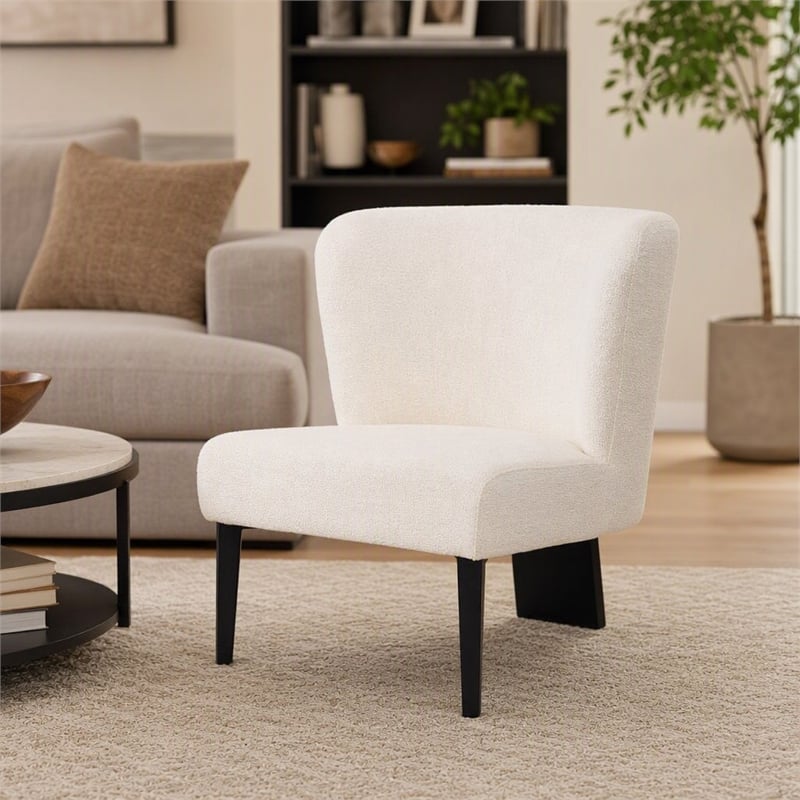 Pemberly Row Modern White Fabric Accent Chair with Black Metal Legs