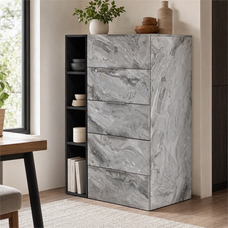 Pemberly Row Modern MDF Faux Marble Bedroom Chest in Gray Wash Finish