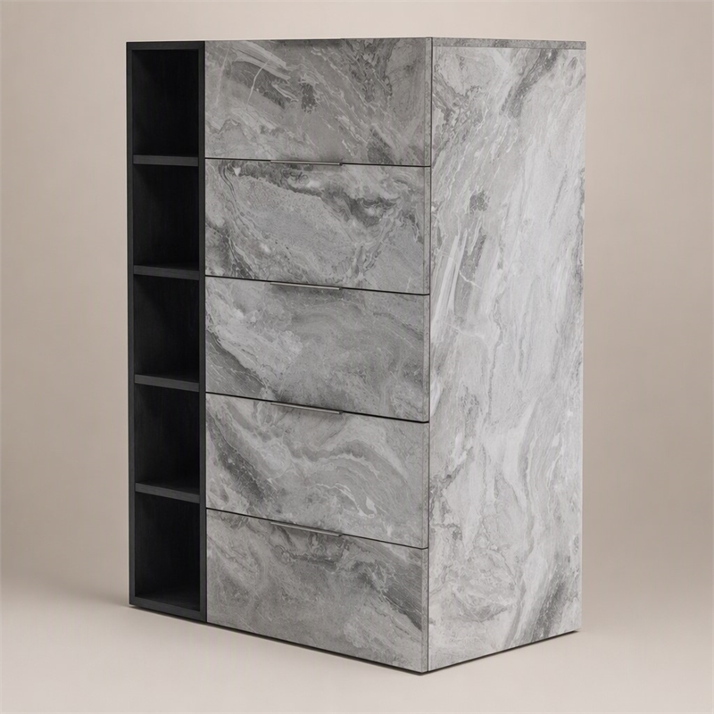 Pemberly Row Modern MDF Faux Marble Bedroom Chest in Gray Wash Finish
