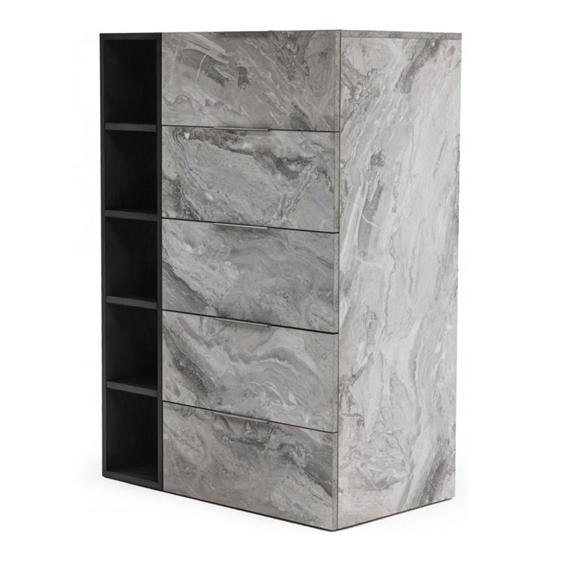 Pemberly Row Modern MDF Faux Marble Bedroom Chest in Gray Wash Finish