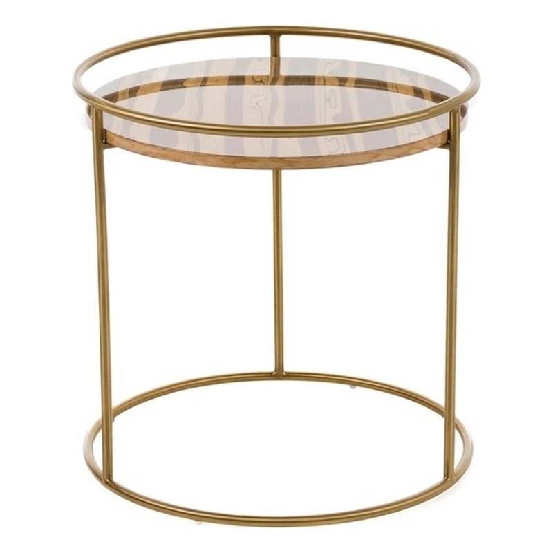 Pemberly Row Round Faux Marble End Table with Gold Stainless Steel Frame