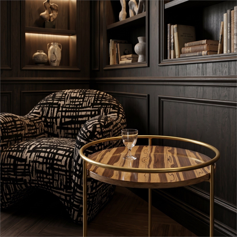 Pemberly Row Round Faux Marble End Table with Gold Stainless Steel Frame