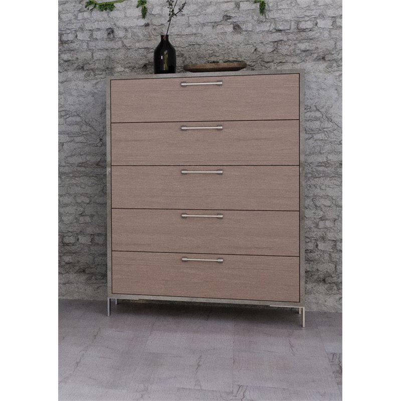 Pemberly Row 5-Drawer Chest in Faux Concrete Laminate and Oak Brown Finish